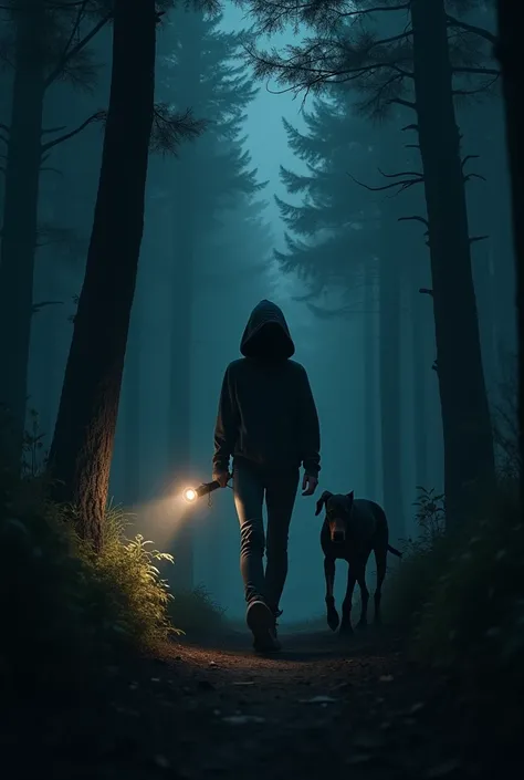 A girl in a black hoodie with a doberman in a dark forest with a flashlight 