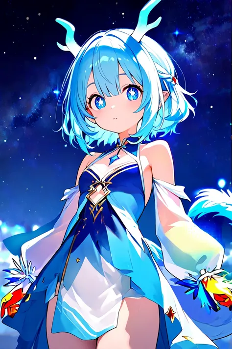 Light skin, blue eyes, pupils with stars instead of round, hair blue and long, tiny dragon horns and tail, stars in the background