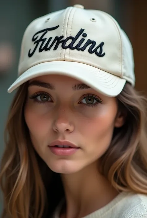 MMXI text with off white color and varsity font embroidered in a faded black cap wore buy a woman