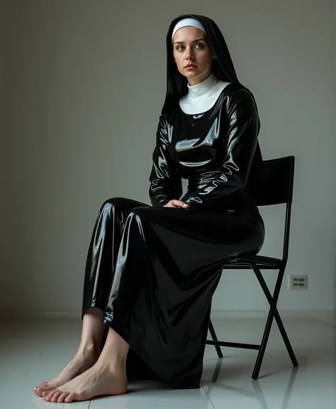 Photographie dune femme de 38 ans , assise pieds nu sur une chaise  . Habillée avec une tenue de nonne  en latex brillant . Angle de vue depuis le sol 