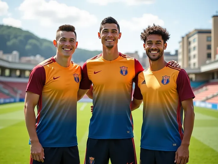 Group photo of the three（Two young Asian men took a group photo with Ronaldo wearing soccer training uniforms，The three were about the same height，At the community soccer field, the characters have fresh white skin ，Let the light shine，Natural smile，The co...