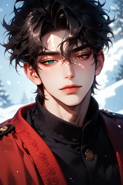 adult male, korean male, solo, sexy, broad shoulders, short hair, jet-black hair, tousled hair, dark-brown eyes, (half closed eyes:1.1), details in eyes and face, expressionless, (school magenta uniform), upper body, looking at viewer, (snowy school-yard),...