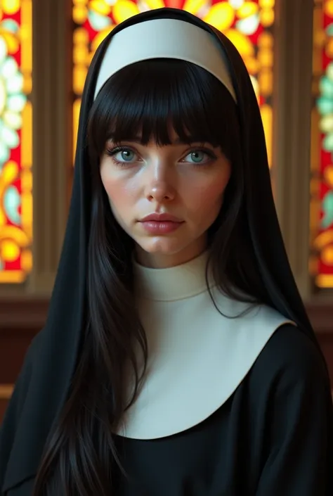 ((Top Quality)), ((Excellent)), (Detailed), ((Italian)), Ultra-Realistic, Stunning Environment, Vivid Colors, Dark Hair, (ish Face), ((Sister)), ((Church)), Stained Glass, ((Chapel)), ((Wimple)), ((Blue Eyes)), Half-Smile, ((Topless)), ((Nuns Veil)), Shiny...