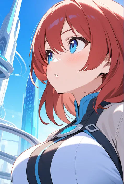  A high school girl with thin blue hair and big breasts looks up at the sky at the observatory of Future City in the daytime　Waiting for the red-haired schoolboy with a strong sense of justice below 