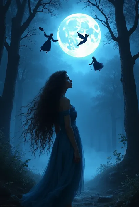 Forest,night,full moon.A  girl standing backwords looking (long curly hair)up in the moon.Three witches flying across the moon