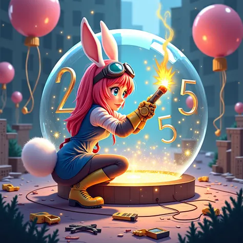 (Anime Chobits style Furry Girl with Rabbit Ears and Fluffy big Rabbit Tail, Goggles on her head,wearing electrical gauntlets, working on a Glass Sphere with mirrors, Numbers 2025 on the ground),(Shes Setting up the New Years Eve Festival, using the wieldi...