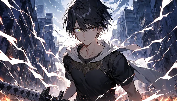   alone,   handsome , 1 person,  short hair ,  in the middle , Black hair, conjunctivitis,  Black shirt, Thai White  ,   Navy Cloak , Holding a sword with lightning around the background is a city with buildings