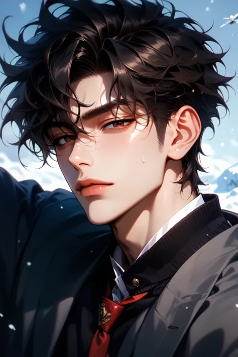 adult male, korean male, solo, sexy, broad shoulders, short hair, jet-black hair, tousled hair, messy hair, dark-brown eyes, (half closed eyes:1.1), details in eyes and face, expressionless, (school uniform), upper body, looking at viewer, (snowy school-ya...