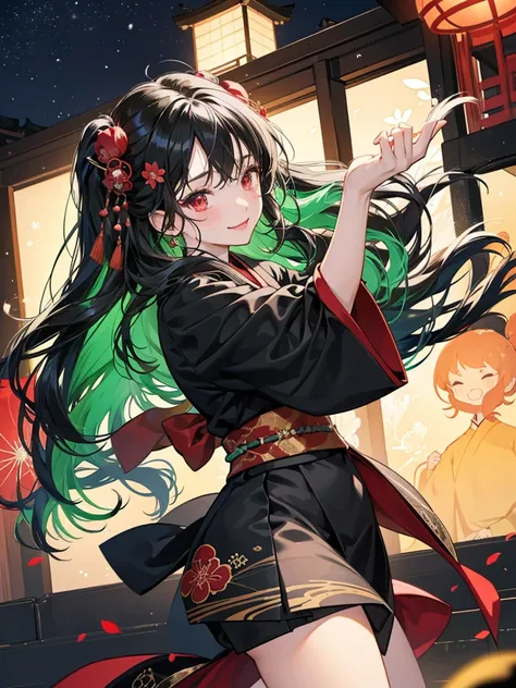 anime girl, red eyes, long black hair, wavy long hair. wear black kimono. Background at a Japanese festival at night. she wears hair flowers ornaments. she  at festival. she dancing. happy. joyful. 