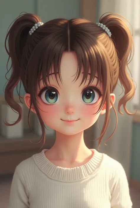  ponytails on her head, a realistic  girl . Exterior Features :  brown hair, in the background, blue eyes tinged with green,  light skin , slightly narrow eyes ,, a sweet smile . dressed: wearing a white , sweater and .  with an  girls room  