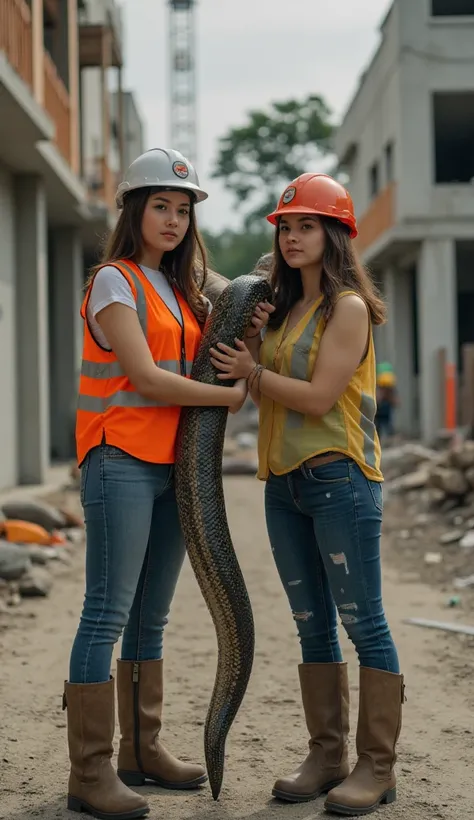 Two beautiful young women wearing safety work clothes are holding a giant anaconda snake with a latra behind a building under construction