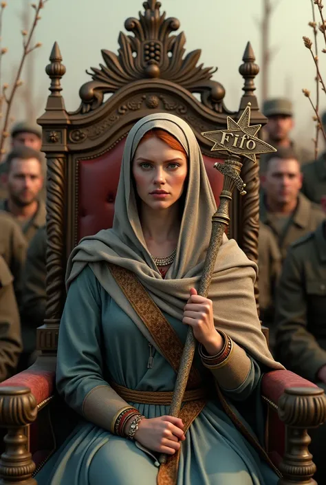 A photorealistic image of a red-haired queen with her hair tied up with a handkerchief covering her hair, sitting on a royal throne holding a scepter with Star of David on the top with the name: "Fifo". Soldiers bow around her. Branches and Battlefield Bac...