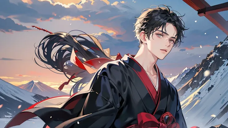 Highest quality, masterpiece, one 20-years-old-boy, handsome, black hair, bangs covering the forehead, gray eyes, short hair, detailed depiction of the eyes and face, four fingers and one thumb, wearing Japanese black kimono, red obi, a new years day, a Ja...