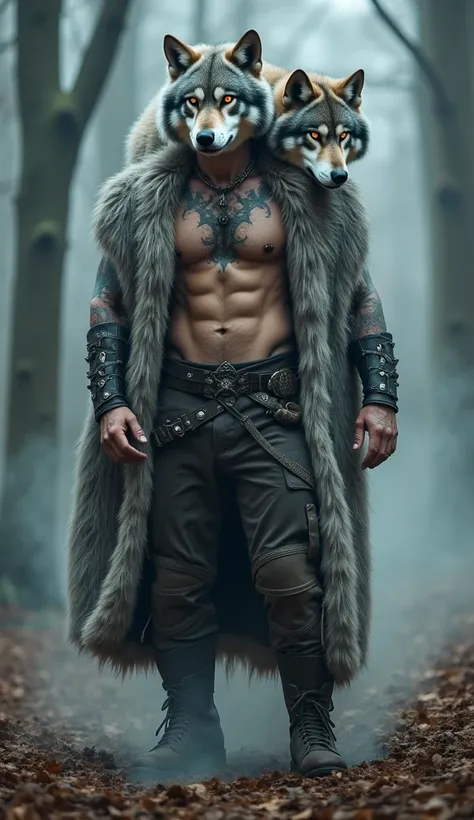 "The same hunter, now in mid-transformation, stands confidently in the same forest setting, fully visible. His leather trousers and boots remain unchanged, but his fur cloak fuses with his body, transforming into a thick pelt of silver-gray fur. His tattoo...