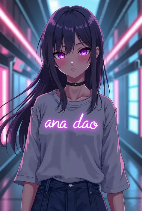 Creata A pretty anime girl Wearing a Long sleeves T-shirt with a word  ANA DAO, written on its T-shirt eyes should be lazered purple with a background of a futuristic scene and her one hand on her hip