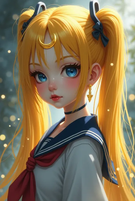  Girl with 2 long strands of yellow high column hair, berry red lips, blue eyes, yellow crescent moon between forehead ,  dressed as a sailor 