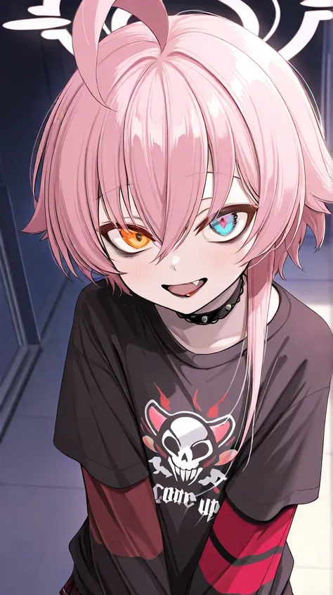 (high quality, ultra-detailed), Blue Archive, Hoshino Takanashi, looking at viewer, pink hair, heterochromia of blue (right) and orange (left) eyes, solo, emo clothes (black), dark under eyes, black lipstick, lovely, happy, fang