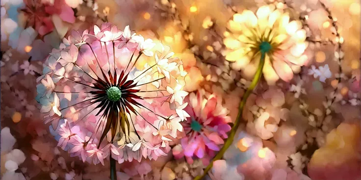 Draw an abstract painting of a flower.,Light dandelion fluff、Aesthetic composition，simple style, Soft and warm touch、The main color palette of the work is soft pastel colors.、When looking at this picture, you、interplay of color and texture、Immerse yourself...