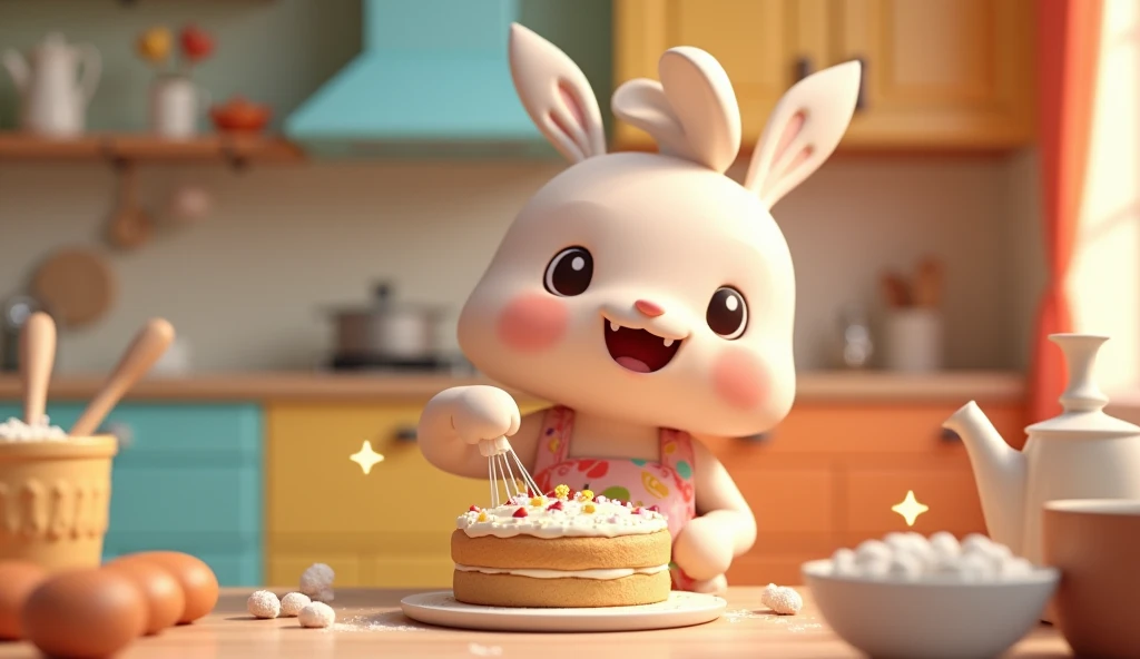 A 3D render cartoon cute  is standing in the kitchen and mixed all the ingredients of cake with pinch of love 