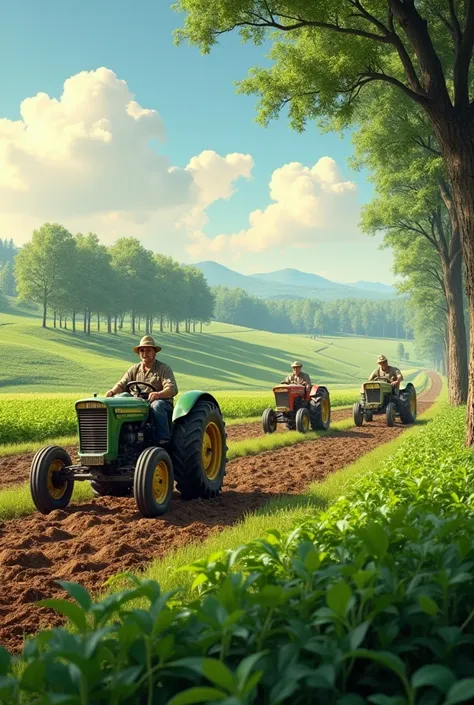 Some farmers are working on their green land and beside the land there are some trees and tractors for farming 