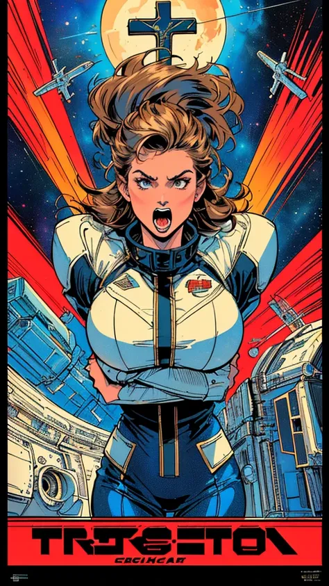 (((Top Quality Masterpiece ))),(((solo:1.2))),((( 1 woman :1.2))), 32K Highly Detailed Wallpaper , Retro Vintage Style ,(dynamic Angles),((( Overwhelming Highlights ))),((most complex machine)), very flashy color scheme American comics,80s space thriller m...