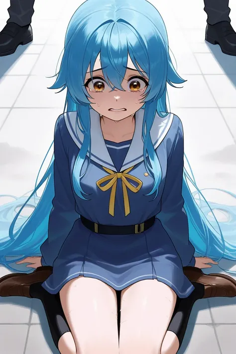 Draw a girl sitting on the ground, she is  and she is very scared, she is a sweet girl with blue hair but she is crying