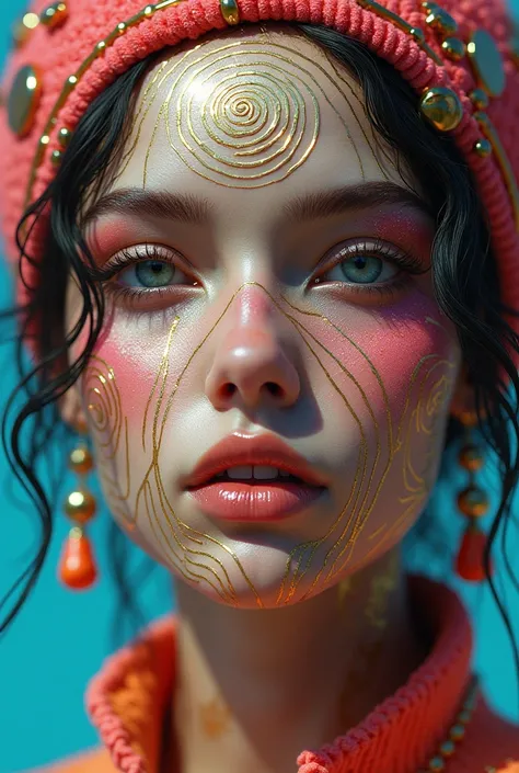  Prompt - Portrait Of A Beautiful Woman Featuring A Maze Design On Her Face, Bright Colors With A Touch Of Foil And Mechanical Elements 