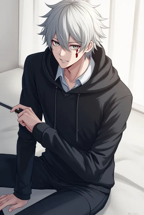 A WHITE-HAIRED MALE ANIME WEARING A BLACK SWEATER WITH A LONG-SLEEVED HOOD, LONG LEGS, GRAY EYES, ABOUT 20 TO 30 YEARS OLD, HOLDING A KNIFE WITH HIS LEFT HAND, HAD A BLOOD STAIN ATTACHED TO HIS LEFT CHEEK IN THE SHAPE OF A HEART.