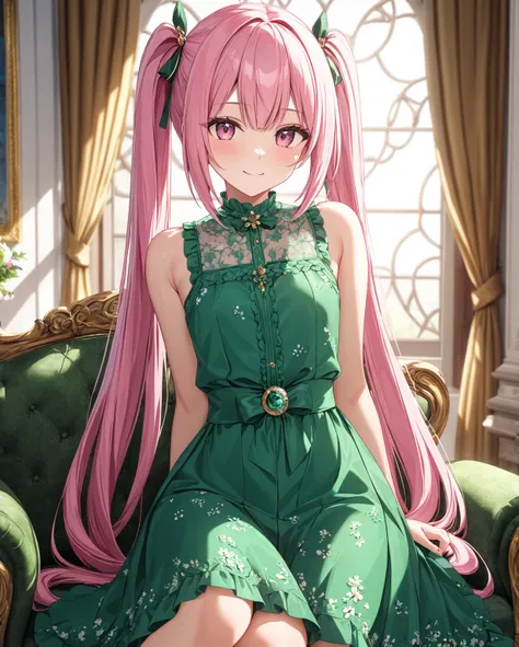 1girl, solo, Pink Shine Bright Hair, hair between eyes, Long hair, twintails, aesthetic detailed eyes, (Pink shiny Bright Eyes), bright pink eyes, looking at viewer,(pale cheeks), (skin colored cheeks), Mesmerise, Little smile, closed mouth, small breasts,...