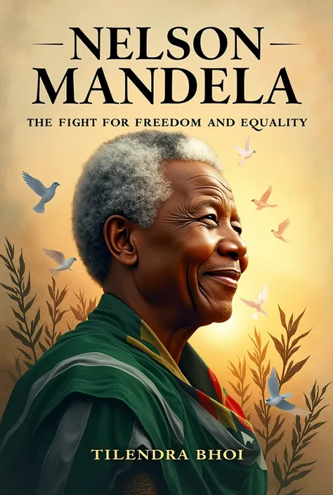 Create a powerful and inspirational book cover for a biography of Nelson Mandela. The design should feature a portrait of Mandela, subtly blending elements of his iconic image with symbols of peace, justice, and unity, like doves or the South African flag....