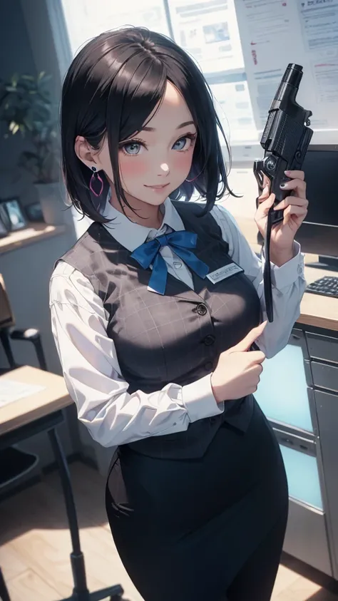 ((masterpiece)),((highest quality)),((High resolution)),((Very detailed)),One woman,35 years old,Mature Woman,Japanese,Black Hair,Short Bob,Beautiful Eyes,Long eyelashes,Beautiful Hair,Beautiful Skin,Serious,Large Breasts,BREAK(((pointing pistol))),Handgun...