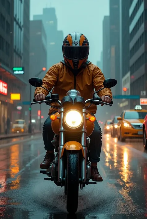 Online motorcycle taxi driver delivering food orders in the pouring rain