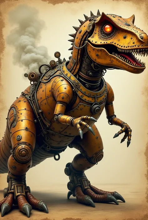 A detailed, vintage-inspired T-Rex robot with a steampunk aesthetic. The T-Rex is made of brass, copper, and iron plates, with intricate gears, cogs, and steam pipes visible along its mechanical body. Its eyes glow with an orange hue, and a plume of steam ...