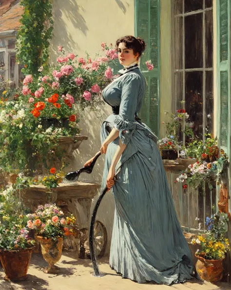  Full body shot  of a 30 years old, fully figured, thicc,voluptuous buxom busty mature victorian widow standing at her veranda and watering the flowers, by Jean Béraud, inspired by Jean Béraud, inspired by Édouard Detaille, edouard leon cortes, inspired by...