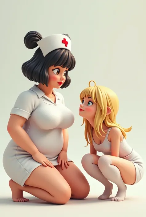 a cartoon image of a nurse kneeling down with a big breast, a hyperrealistic schoolgirl, hyperrealistic schoolgirl, anime barbie in white stockings, in white clothes, character is in her natural pose, , the anime girl is crouching, anime highly detailed, r...