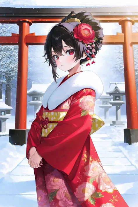 The girl who sows white snakes、 red ornate kimono、Peony pattern 、Long-sleeved kimono、 black hair up、 hair ornament、torii、shrine、Snow Scene、 High Quality 、fine