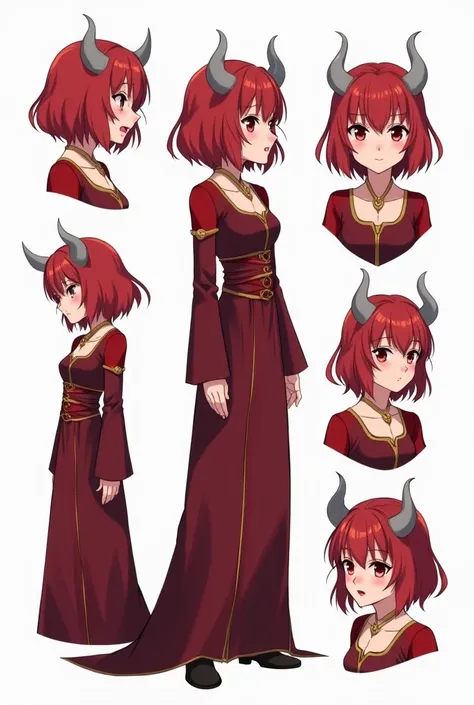  Female anime female character   ,   medium length short red hair   , little gray horns   ,   red eyes  , freckles,  a medieval wine dress with long sleeves up to the neck with gold details, a red shoulder strap   ,   in various poses and different express...