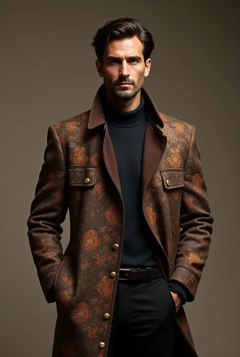 Create a coat design for man with embroidered cltoh and best color for brown boy