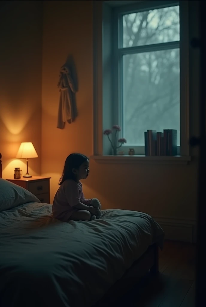 Create a video background prompt for this emotional narrative:


---

A dimly lit, nostalgic scene of a small ’s room filled with warm, soft light from a bedside lamp. A  sits on her bed with a stuffed toy, smiling innocently. The scene transitions to a lo...