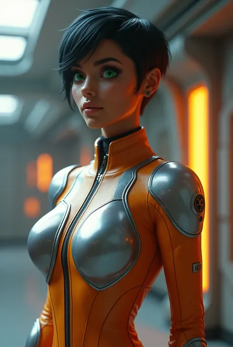 A highly detailed, 3d, photorealistic image depicts a youthful-looking black woman in her early 30s with an excellent physique, wearing a galactic patrol uniform in the colors of silver and orange, green eyes, black hair in a pixie cut hairstyle,  Photorea...