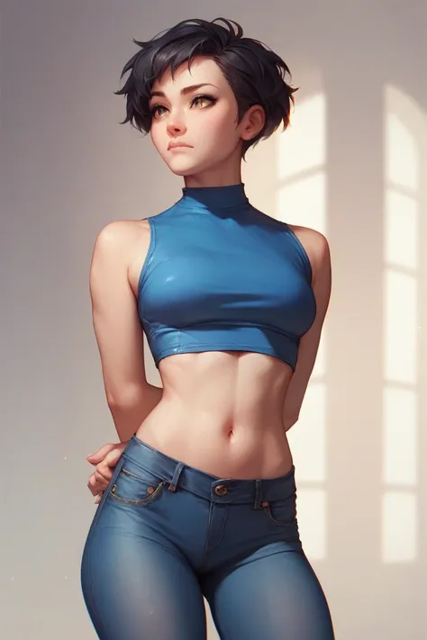 short black hair, blue clothes, bare navel, brown eyes, black denim tights, hands behind her back, no background, closed mouth, 8k