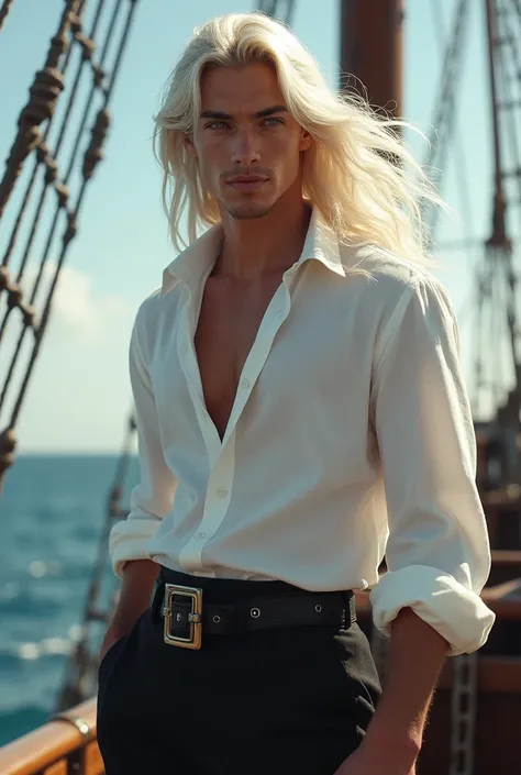 
 A young prince with an athletic but slender build and fair skin.  Long, white hair that flutters in the wind . Beautiful young and pleasant face .  Dressed in a white shirt and black pants . Elegant and on a pirate ship  