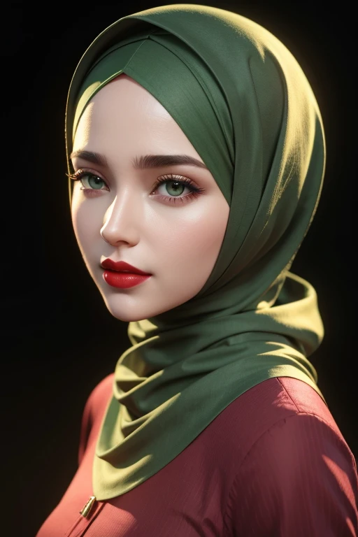 Perfect face, red lips, green eyes, wearing modest islamic clothes, 3d_render 