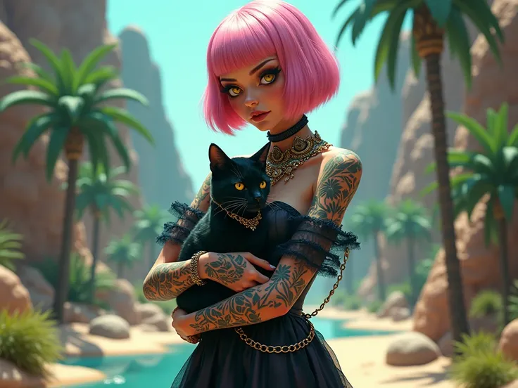 A witch with a pink French bob, yellow eyes, in an iridescent chrome dress, retro jewelry, and a black cat in her tattooed arms in a desert oasis town.