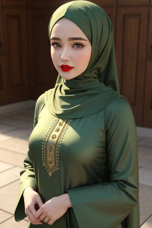 Perfect face, red lips, green eyes, wearing modest islamic clothes, full  3d_render photo 