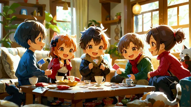 A cheerful anime-style illustration featuring chibi characters enjoying a lively family gathering in a cozy living room. Relatives of all ages, from chibi-style ren to grandparents, are sitting around a large table playing a card game. The winner is standi...