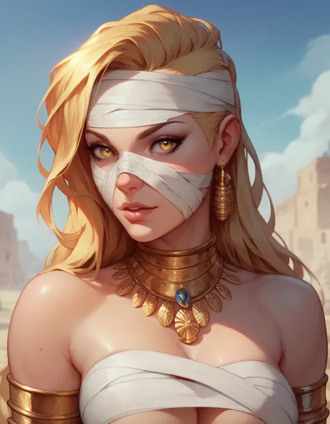 head, female, black and gold hair, gold eyes, mummy bandages, fantasy