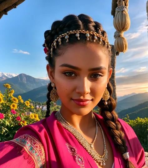 Highly realistic selfie of an exotic young woman with unique facial features, wearing a vibrant traditional embroidered blouse, accessorized with silver ethnic jewelry, intricate braided hairstyle, looking directly into the camera with a subtle and mysteri...