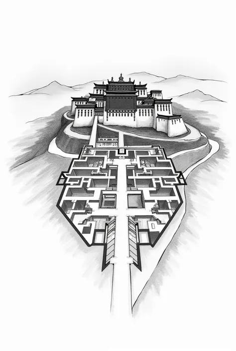 Potala Palace Floor Plan Line Draft Hand Drawn Black and White