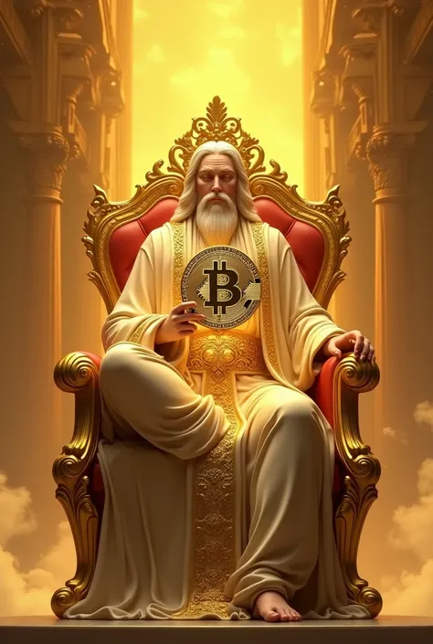 God of tender Zuse sitting in majestic golden chair and holding a bitcoin